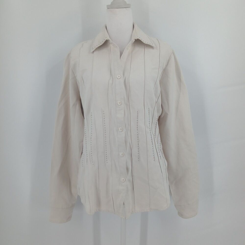 Keren Hart Women's White Textured Long Sleeve Button Down Shirt Size L